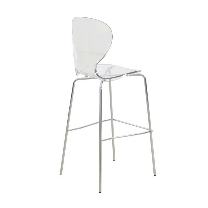 LeisureMod Oyster Acrylic Barstool with Steel Frame in Chrome Finish in Clear Back View.