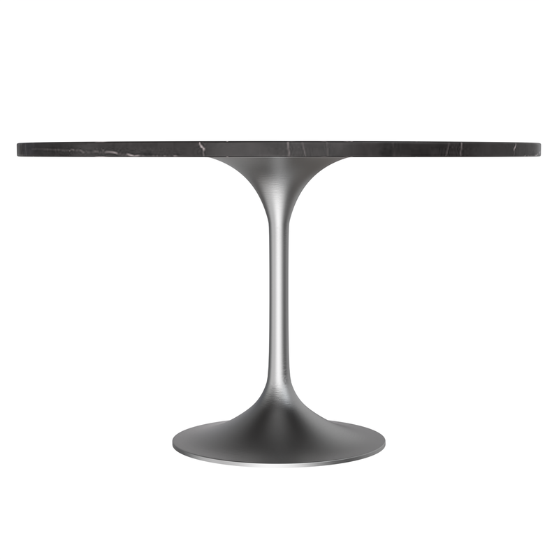 LeisureMod Verve Collection 48 Round Dining Table, Brushed Chrome Base with Sintered Stone Black Top Side View.