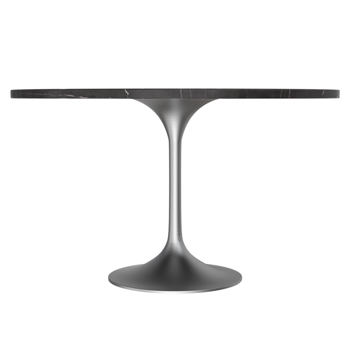 LeisureMod Verve Collection 48 Round Dining Table, Brushed Chrome Base with Sintered Stone Black Top Side View.