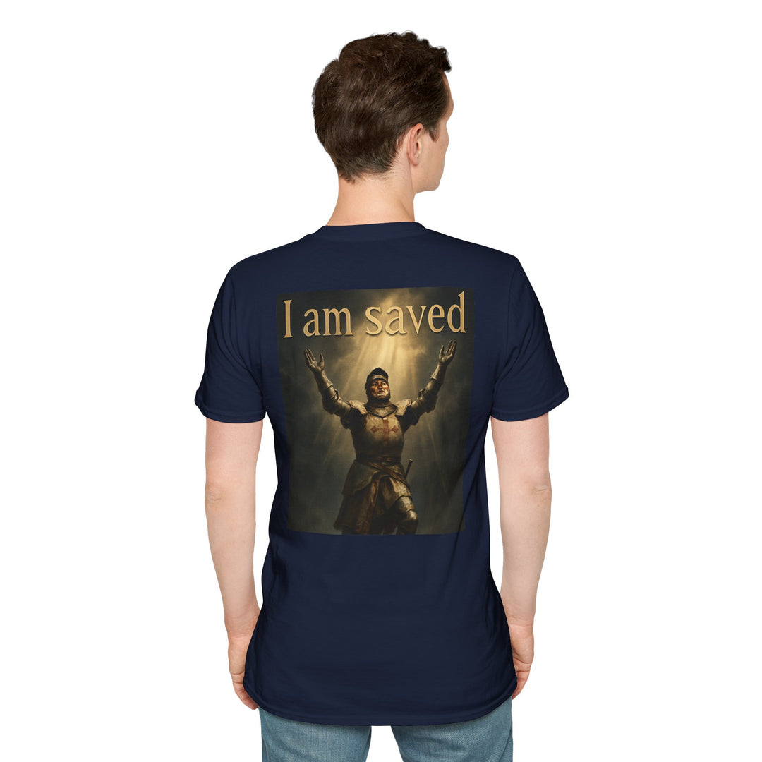 Christian Knight T-Shirt — "Through Christ Jesus" Front and "I Am Saved" Back