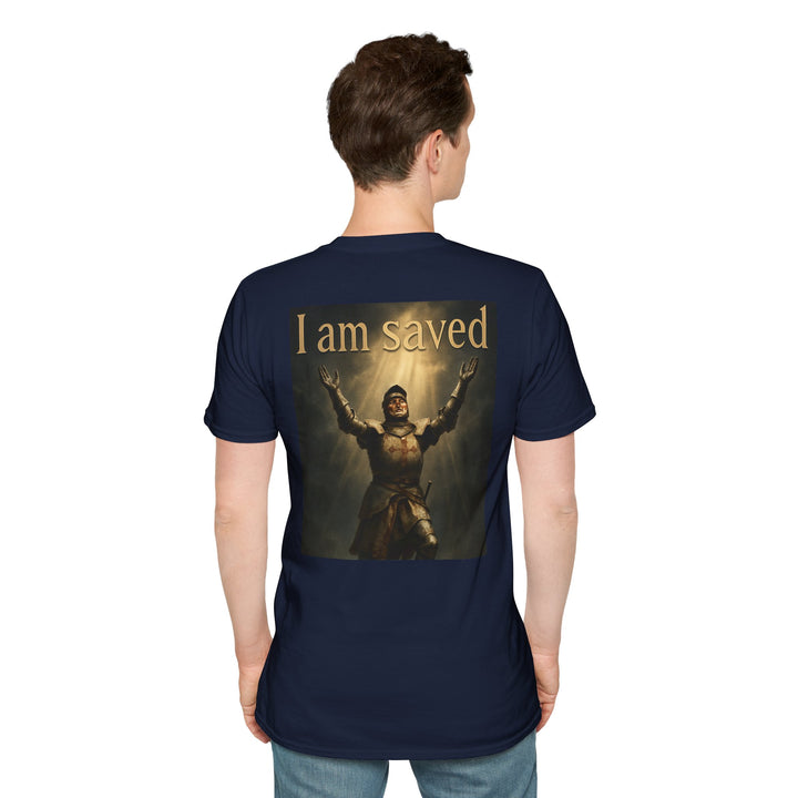 Christian Knight T-Shirt — "Through Christ Jesus" Front and "I Am Saved" Back