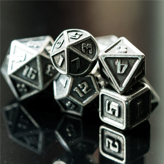 Silver Mini Metal Dice Ancient Effect | (10mm to 15mm) 7-Dice Udixi RPG