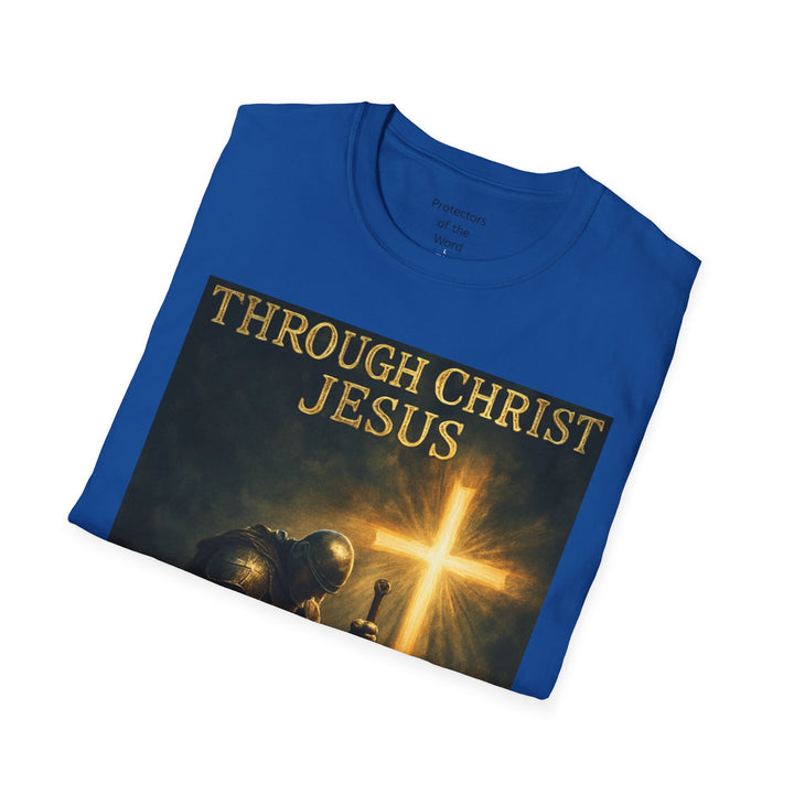 Christian Knight T-Shirt — "Through Christ Jesus" Front and "I Am Saved" Back