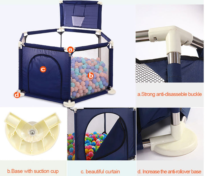 Collage of a blue playpen with colorful balls, highlighting features like an anti-disassembly buckle, suction cup base, and anti-rollover base.
