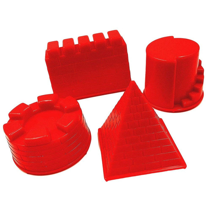 Set of red plastic building block molds on a white background.