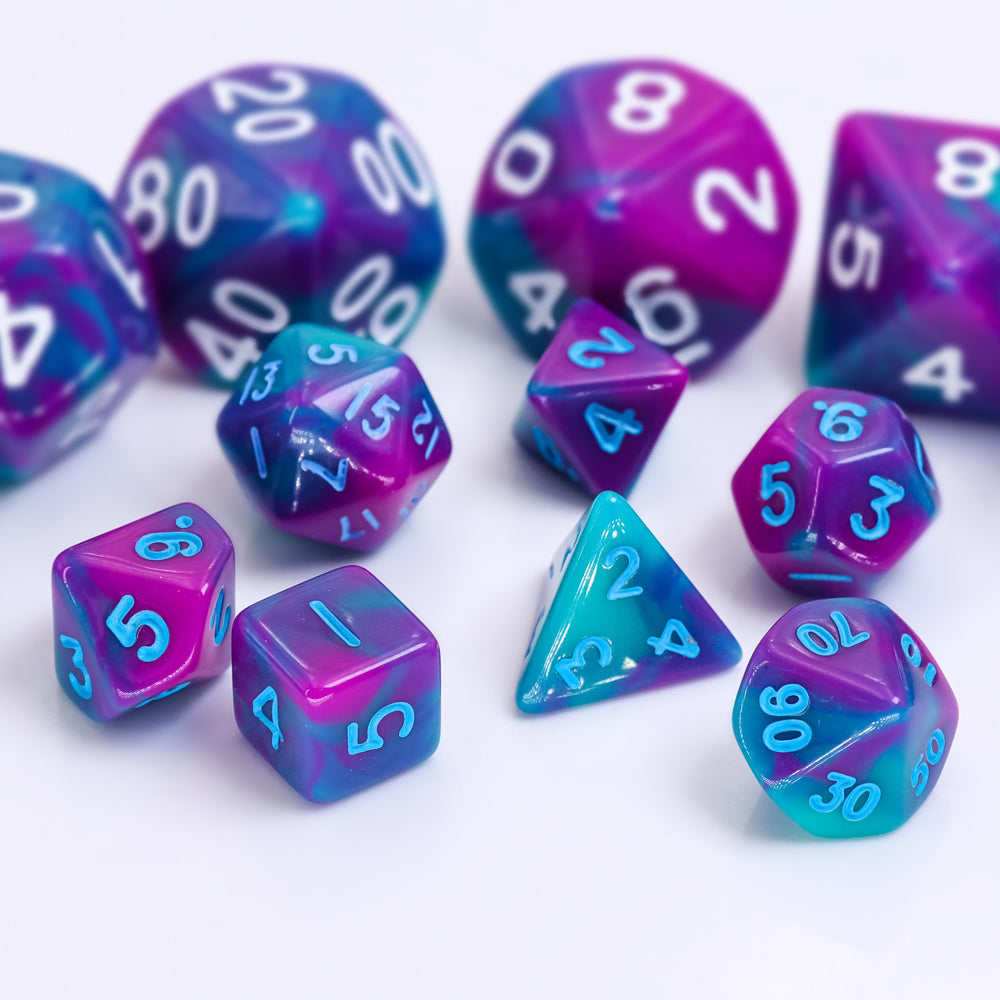 Teal Purple Blend 7-Dice Mini-Dice RPG Set w/Blue Numbers Miniature Dice