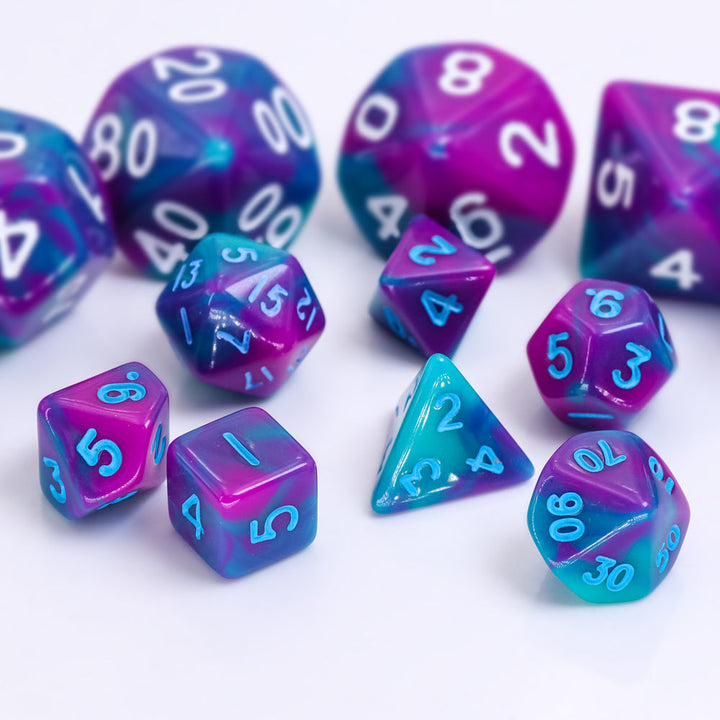 Teal Purple Blend 7-Dice Mini-Dice RPG Set w/Blue Numbers Miniature Dice
