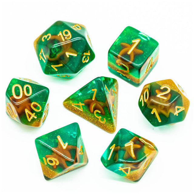 Green and Gold Starfish Dice 7-Dice Set Resin Dungeons and Dragons Dice
