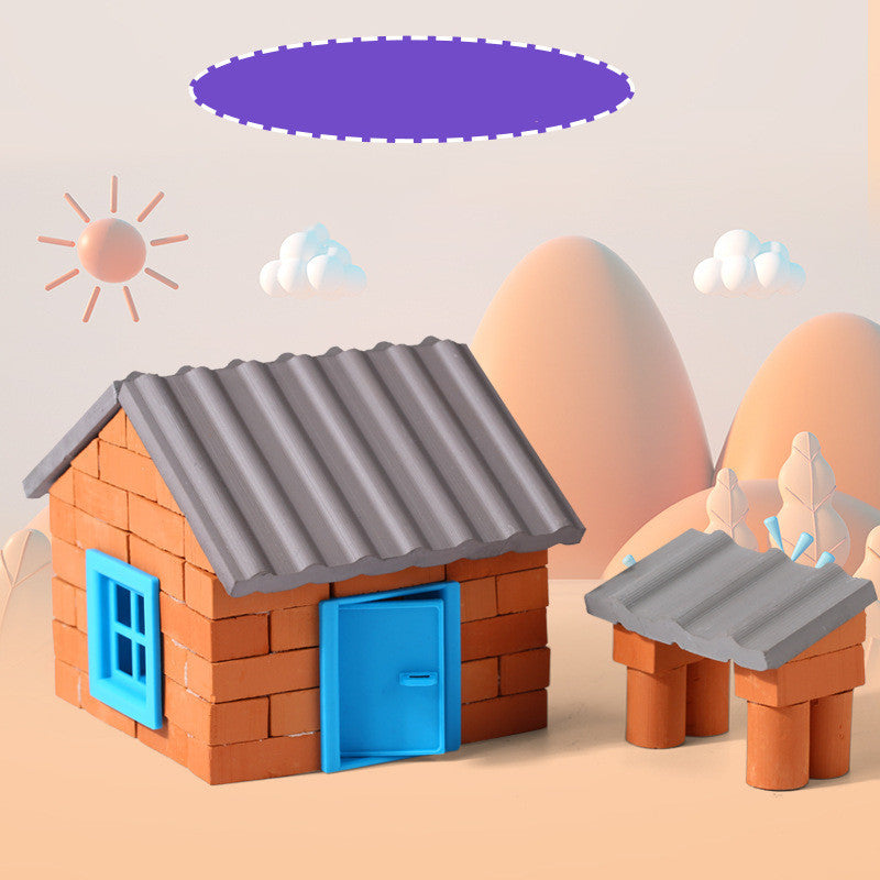 Toy house with a small door and window, surrounded by eggs and a purple cloud on a beige background.