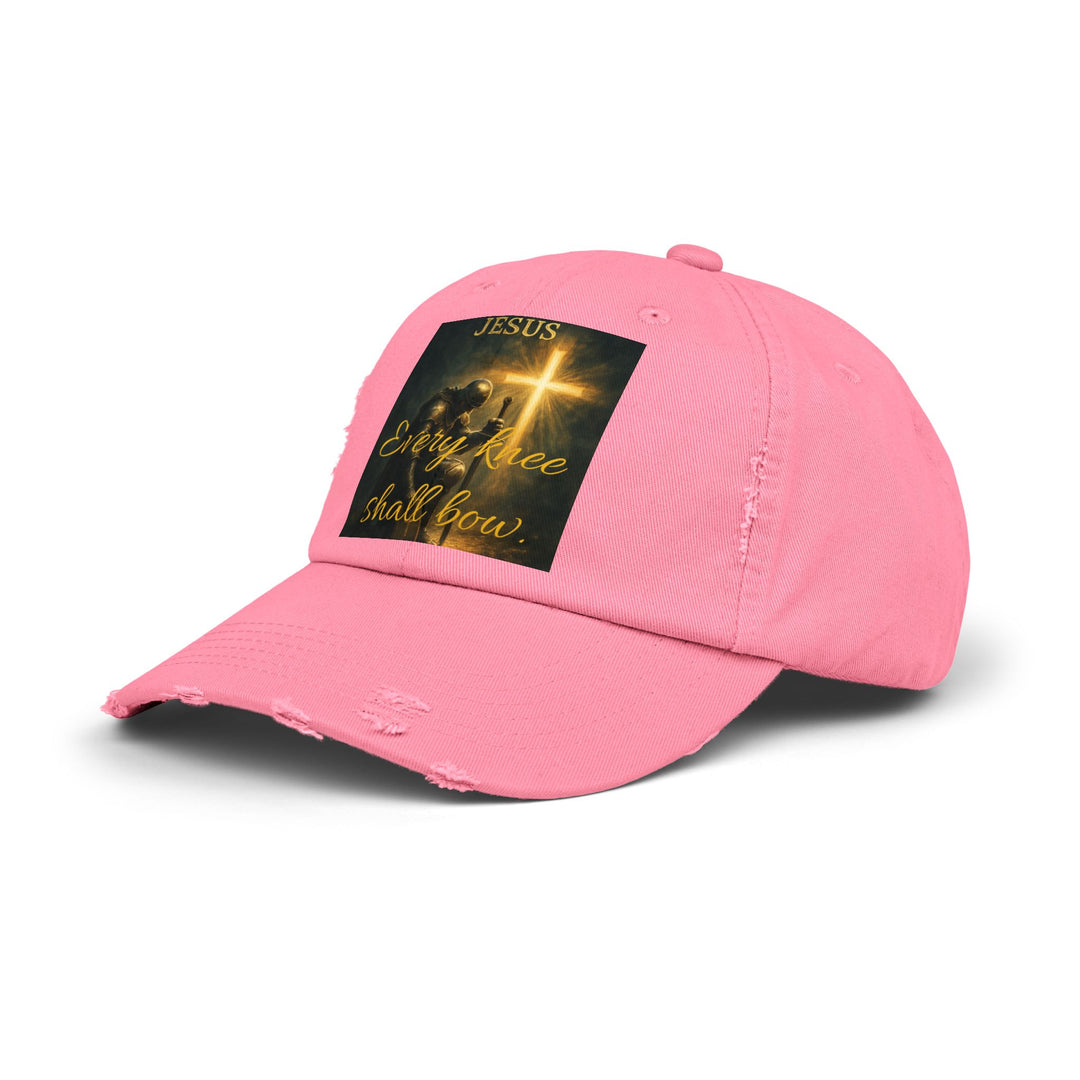 Jesus Cross Distressed Cap — "Every Knee Shall Bow" Christian Hat