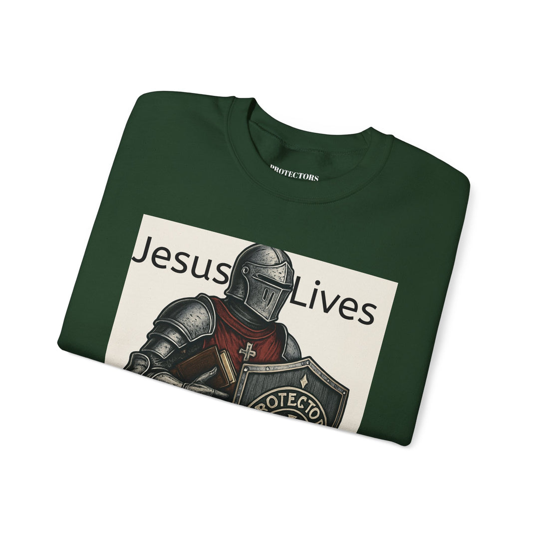 Knight Shield Crewneck Sweatshirt — "Protectors of the Word Jesus Lives"