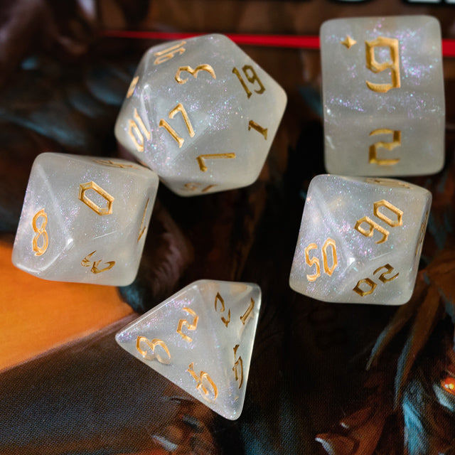 Glitter Party White Glitter Dice (Gold font) 7-Dice Set RPG DND
