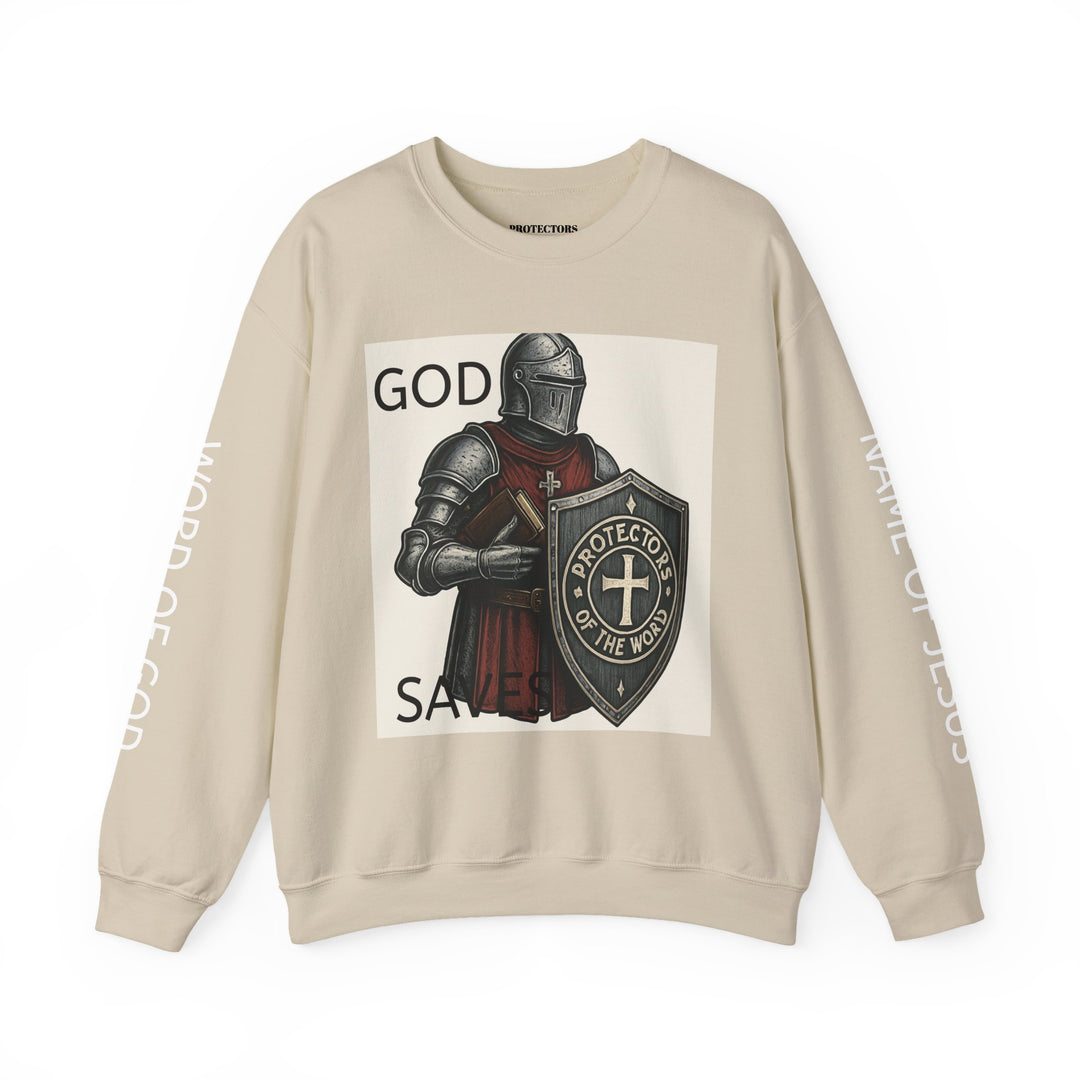 Knight Shield Crewneck Sweatshirt — "Protectors of the Word" Christian Armor Design