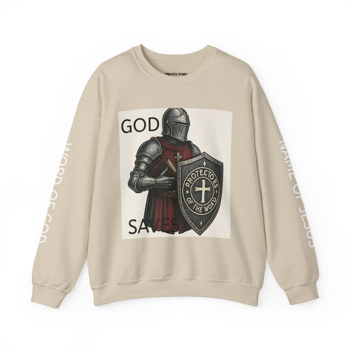 Knight Shield Crewneck Sweatshirt — "Protectors of the Word" Christian Armor Design