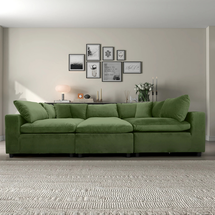 Hayward Olive Green Velvet Modular Sectional Sofa in Living Room.