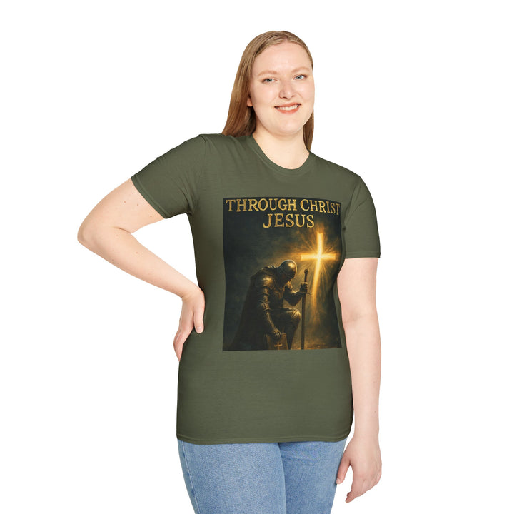 Christian Knight T-Shirt — "Through Christ Jesus" Front and "I Am Saved" Back