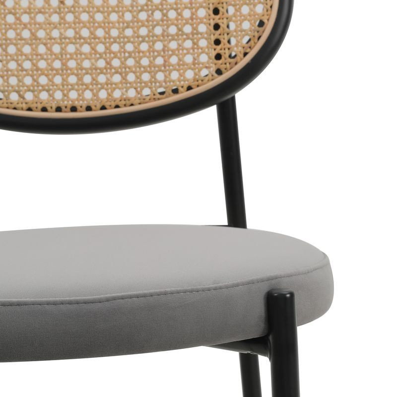 LeisureMod Euston Modern Wicker Bar Stool with Black Steel Frame in Grey Zoomed In.