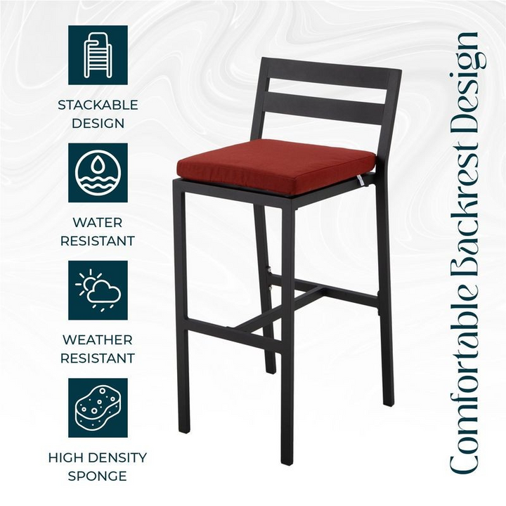 Bar stool with red cushion on a white background with feature icons and text.