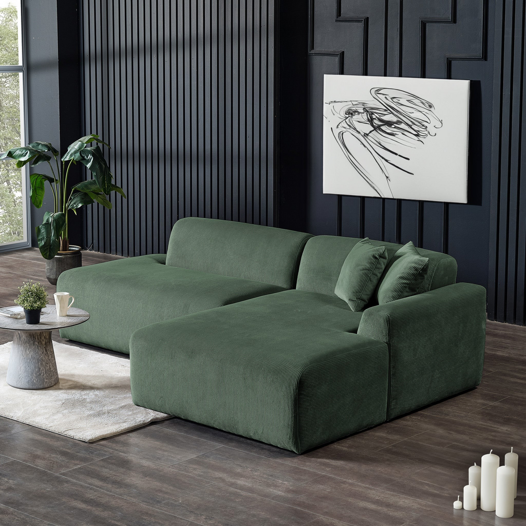 Mar Sectional Green Corduroy Sofa (Right Facing) Left Angled