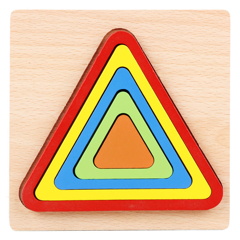 Colorful triangular wooden puzzle on a light wood background.