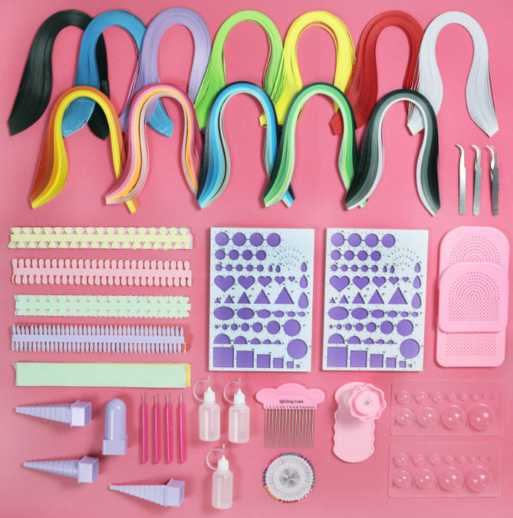 Assorted hair styling tools and accessories on a pink background.