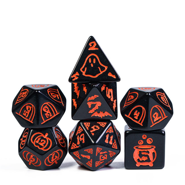 Halloween Black w/Orange | Pumpkin/Ghost/Bat/Cauldron 7-Dice Set DND