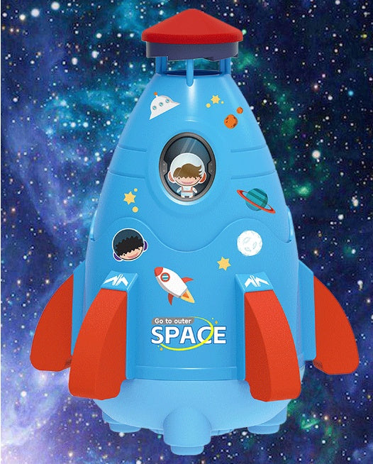 Toy rocket ship with space-themed design on a starry background.