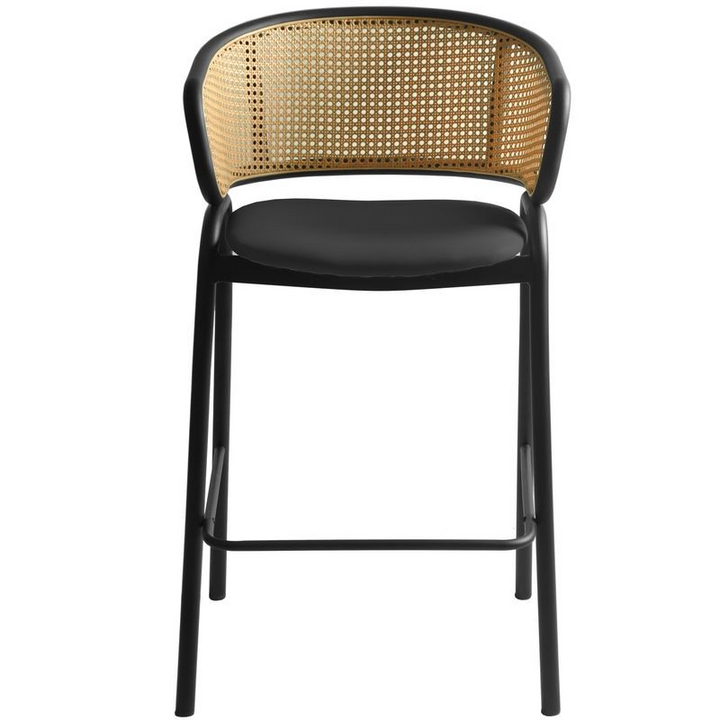LeisureMod Ervilla Wicker Bar Stool with Fabric Seat and Black Steel Frame in Black Leather Front View.
