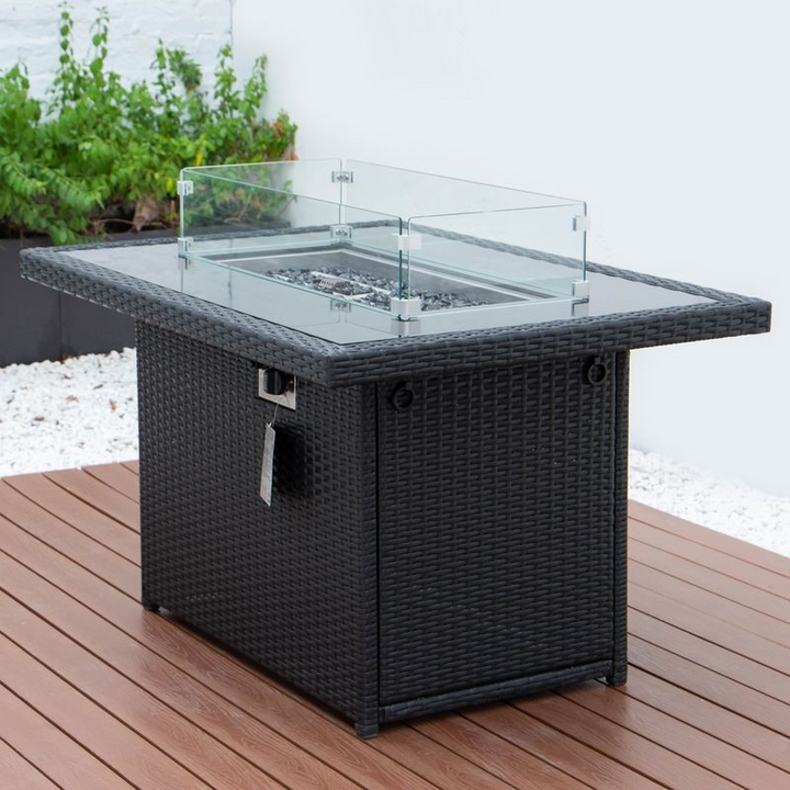 LeisureMod Mace Wicker Patio Modern Propane Fire Pit Table Black on Deck.