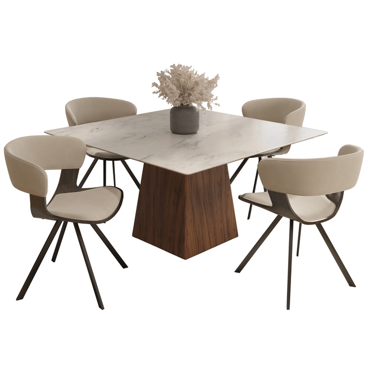 LeisureMod 5-Piece Dining Set with Square Dining Table White Sintered Stone Top and 4 Leather Dining Chairs in Dark Walnut/Light Taupe