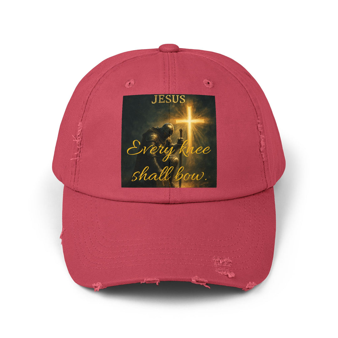 Jesus Cross Distressed Cap — "Every Knee Shall Bow" Christian Hat