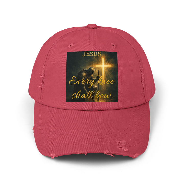 Jesus Cross Distressed Cap — "Every Knee Shall Bow" Christian Hat