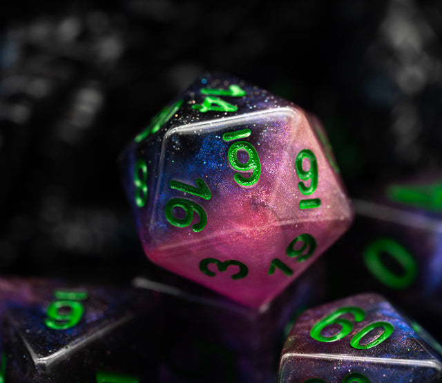 Purple & Blue w/green Galaxy Glitter 7-Dice Set RPG