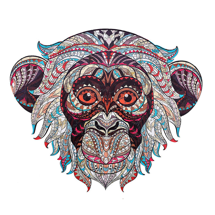 Colorful monkey head illustration with intricate patterns on a white background.