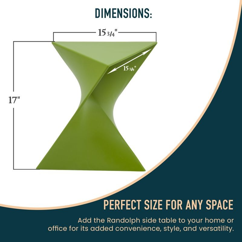 Green side table with dimensions on a white and blue background.