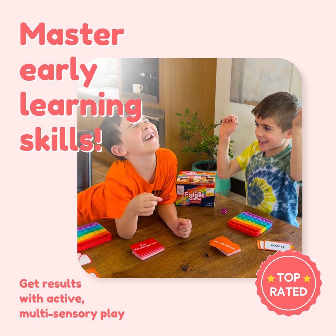 Two children playing with colorful educational toys on a table, with text promoting early learning skills.