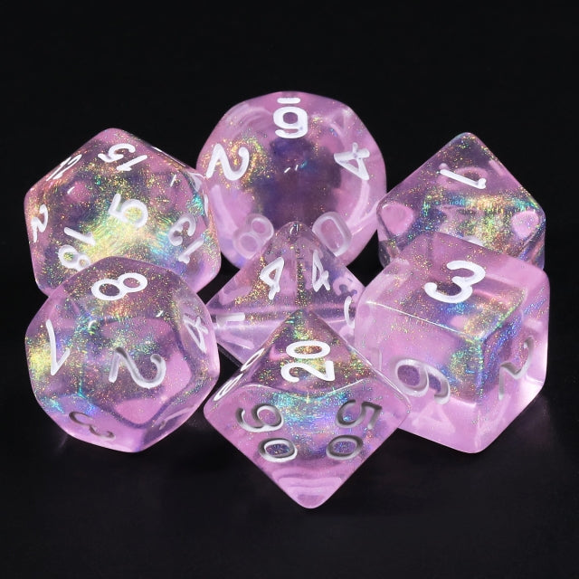 Candy Luxury (formerly Barbie Pink) Glitter with White Numbering 7-Dice Set RPG