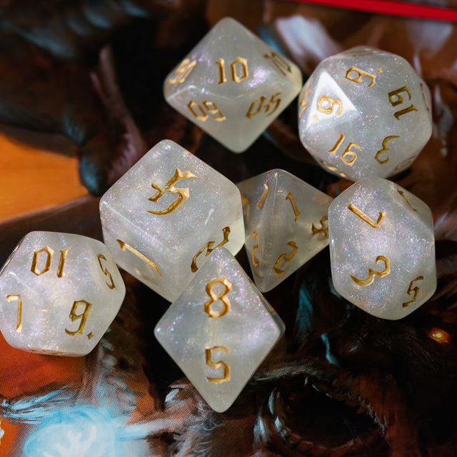 Glitter Party White Glitter Dice (Gold font) 7-Dice Set RPG DND