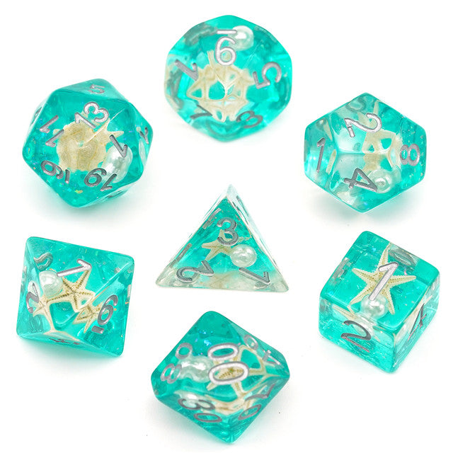 Starfish & Pearl Floating in Green Glitter 7-Dice Set