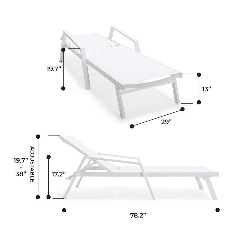 LeisureMod Marlin Patio Chaise Lounge Chair with Armrests in White Aluminum Frame White Dimensions.