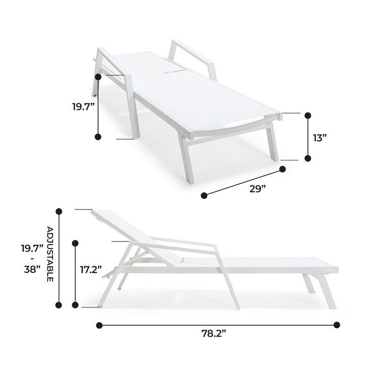 LeisureMod Marlin Patio Chaise Lounge Chair with Armrests in White Aluminum Frame White Dimensions.