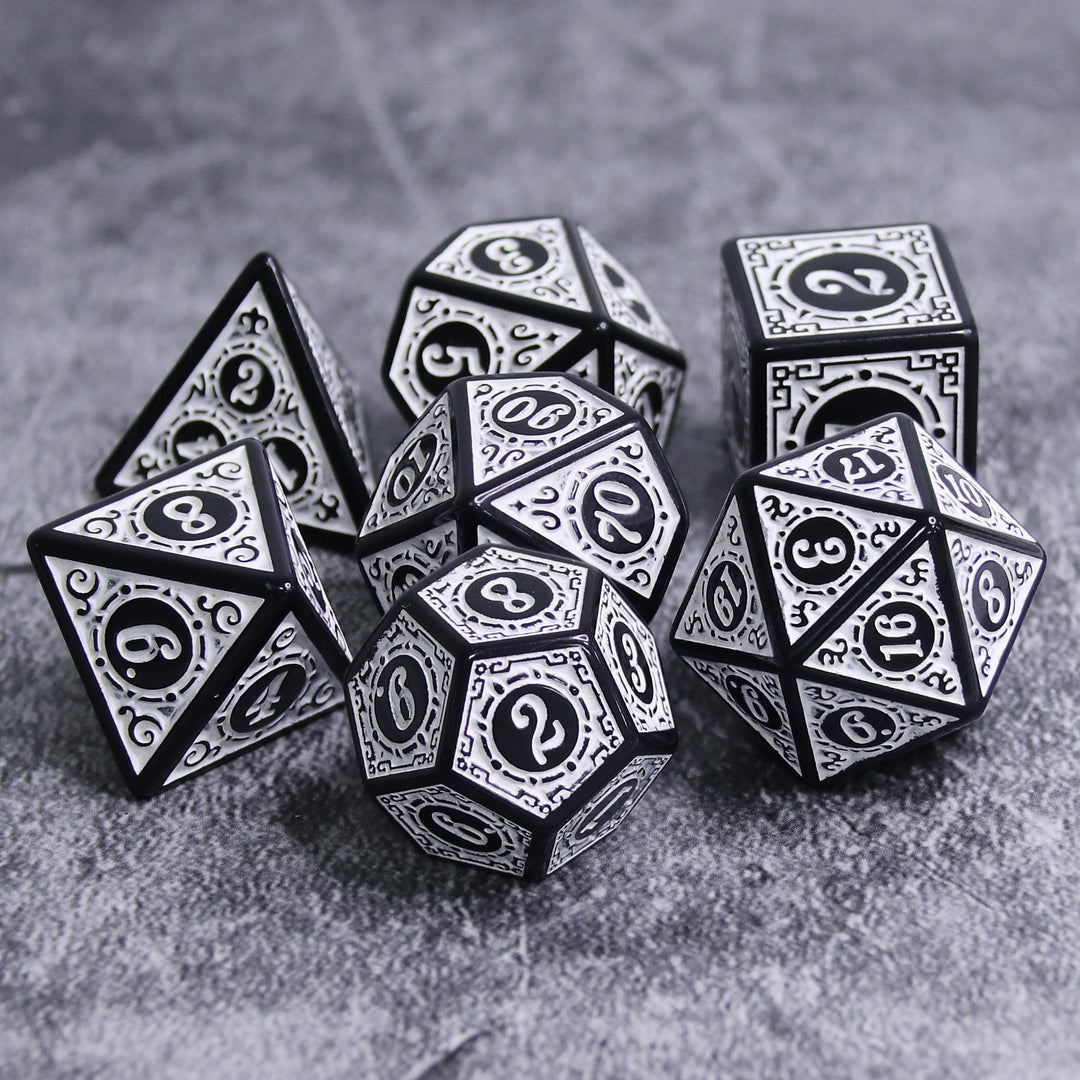 White Magic Flame 7-Dice Set DND RPG Dice Black w/Color Fill