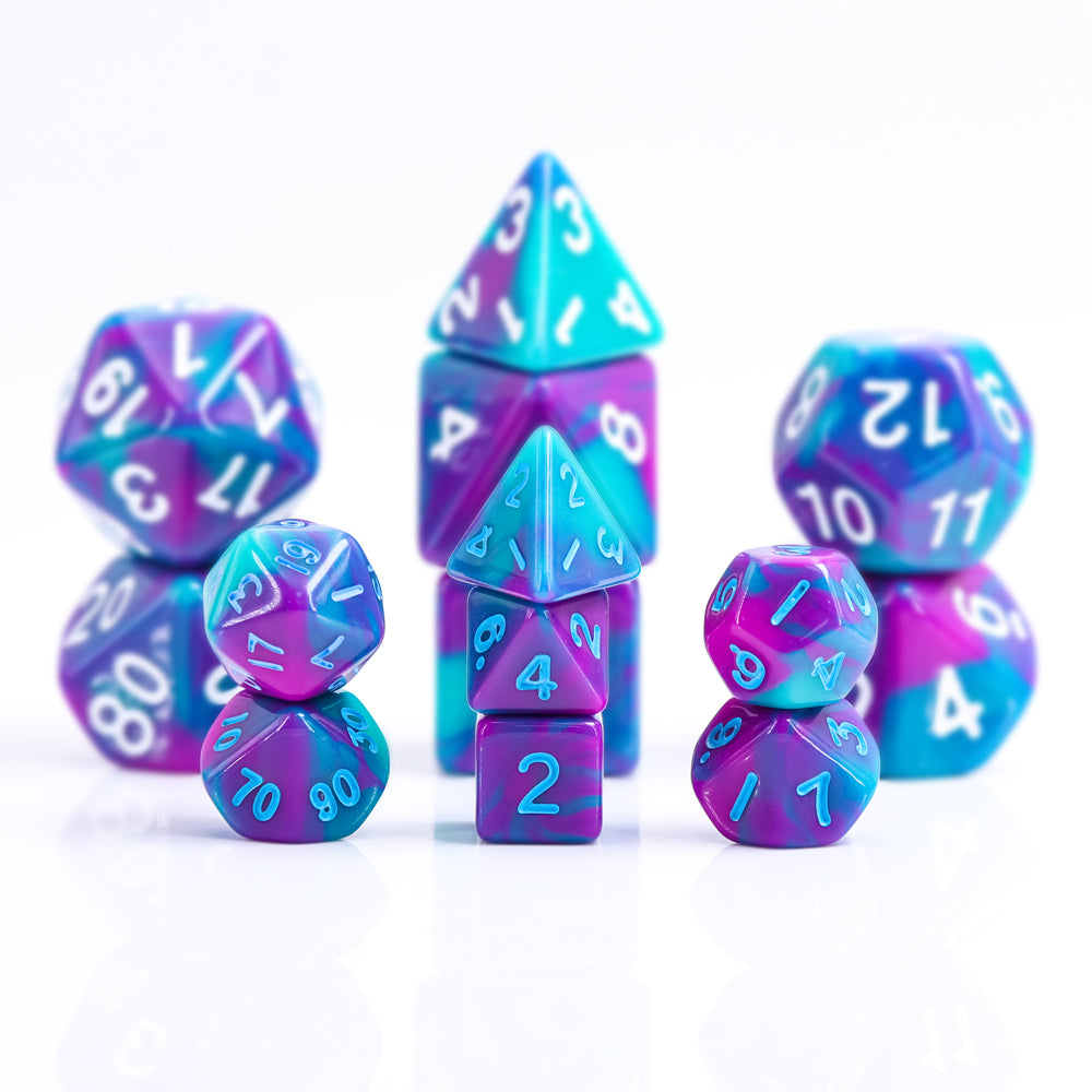 Teal Purple Blend 7-Dice Mini-Dice RPG Set w/Blue Numbers Miniature Dice