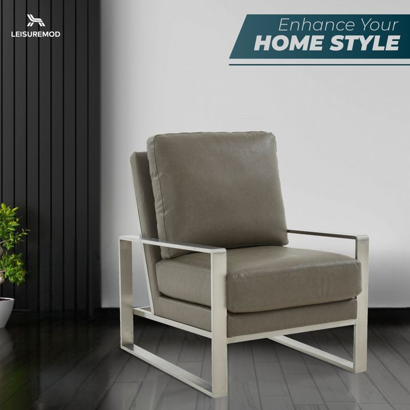 LeisureMod Jefferson Faux Leather Modern Design Accent Armchair with Elegant Silver Frame Grey