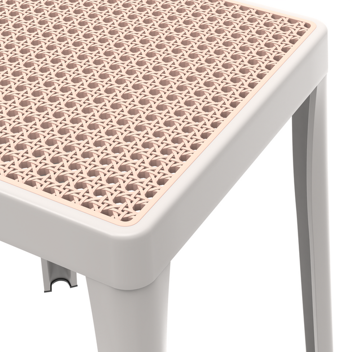 LeisureMod Tresse Series Stackable Poly Stool with Wicker Top in White Closeup.