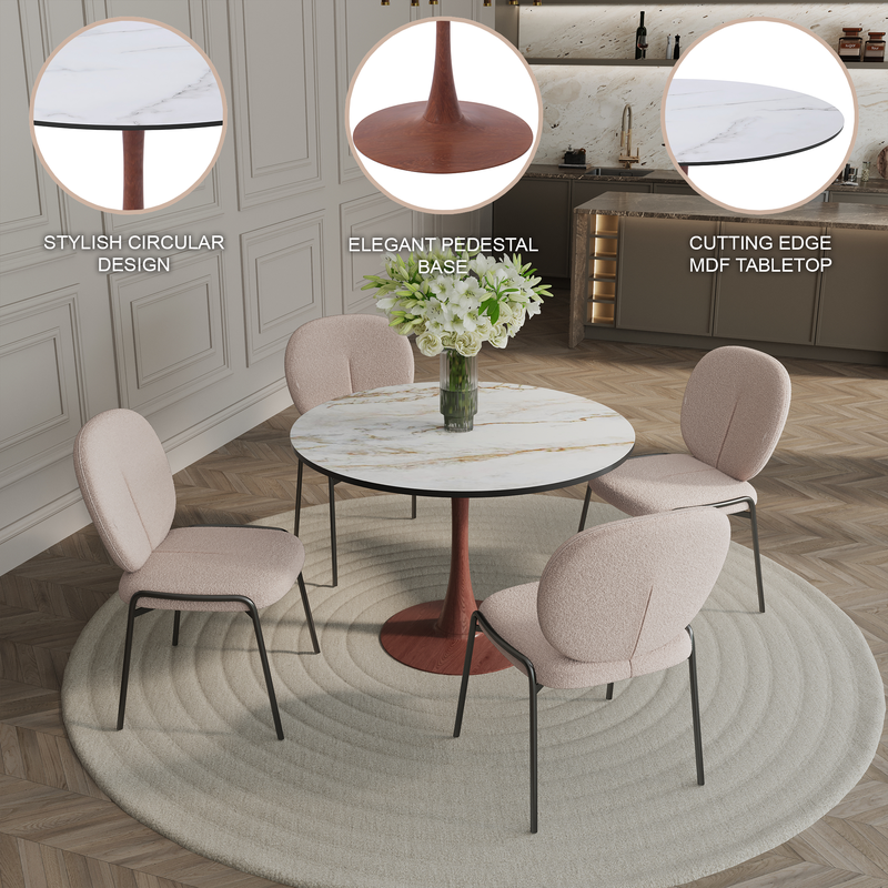 LeisureMod Bristol 40" Round Dining Table Wood Transfer Cherry Base with MDF Marbled White Top in Room.