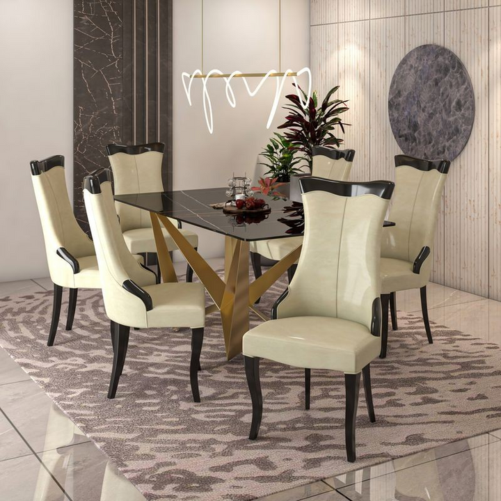 LeisureMod Novara Collection Modern Wooden Dining Chair in Light Cream at Table.