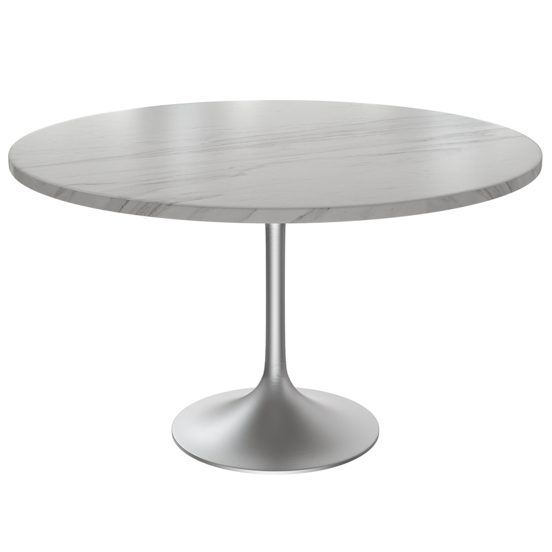 LeisureMod Verve Collection 48 Round Dining Table, Brushed Chrome Base with Sintered Stone White Top