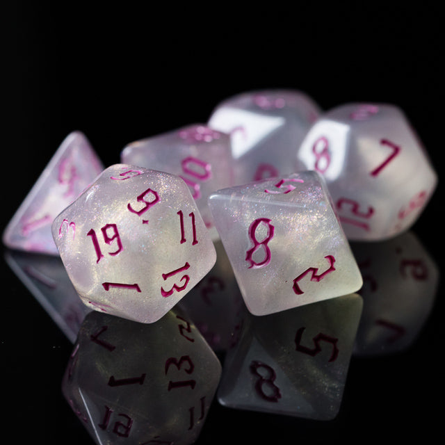 Glitter Party White Glitter Dice (Pink font) 7-Dice Set RPG DND