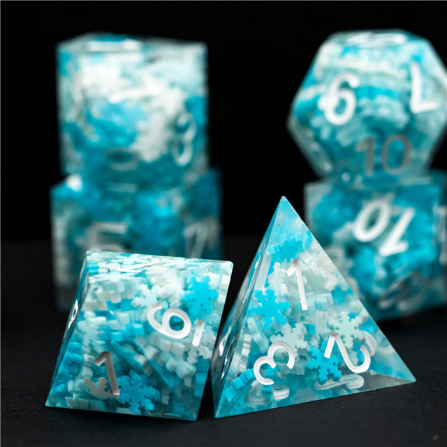Snowflake Sharp Edge DND Dice Set | White & Blue w/White Numbers